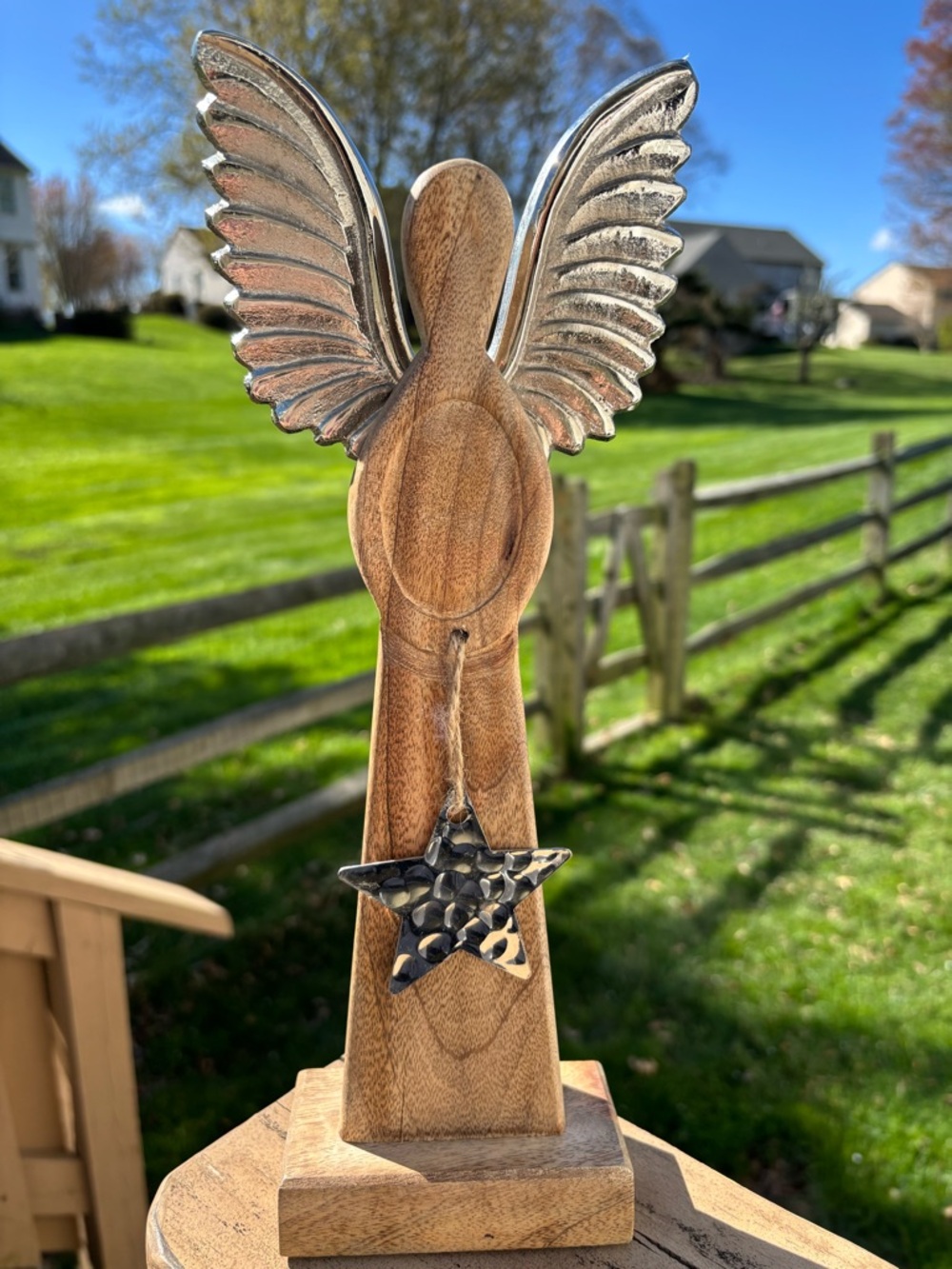 Decorative Wood and Silver Angel Figurine with Star Accent